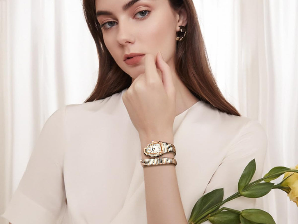 Gosasa Snake Bracelet Watch for Women, Elegant Wrap Around Bangle Wristwatch, Fashion Jewelry Style Quartz Watch, Adjustable Cuff Serpenti Watch for Dress & Gift