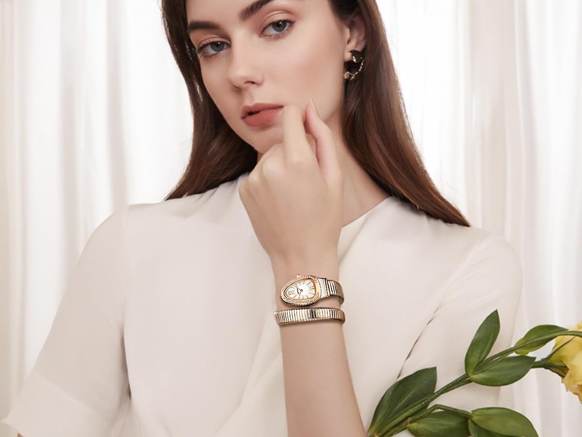 Gosasa Snake Bracelet Watch for Women, Elegant Wrap Around Bangle Wristwatch, Fashion Jewelry Style Quartz Watch, Adjustable Cuff Serpenti Watch for Dress & Gift