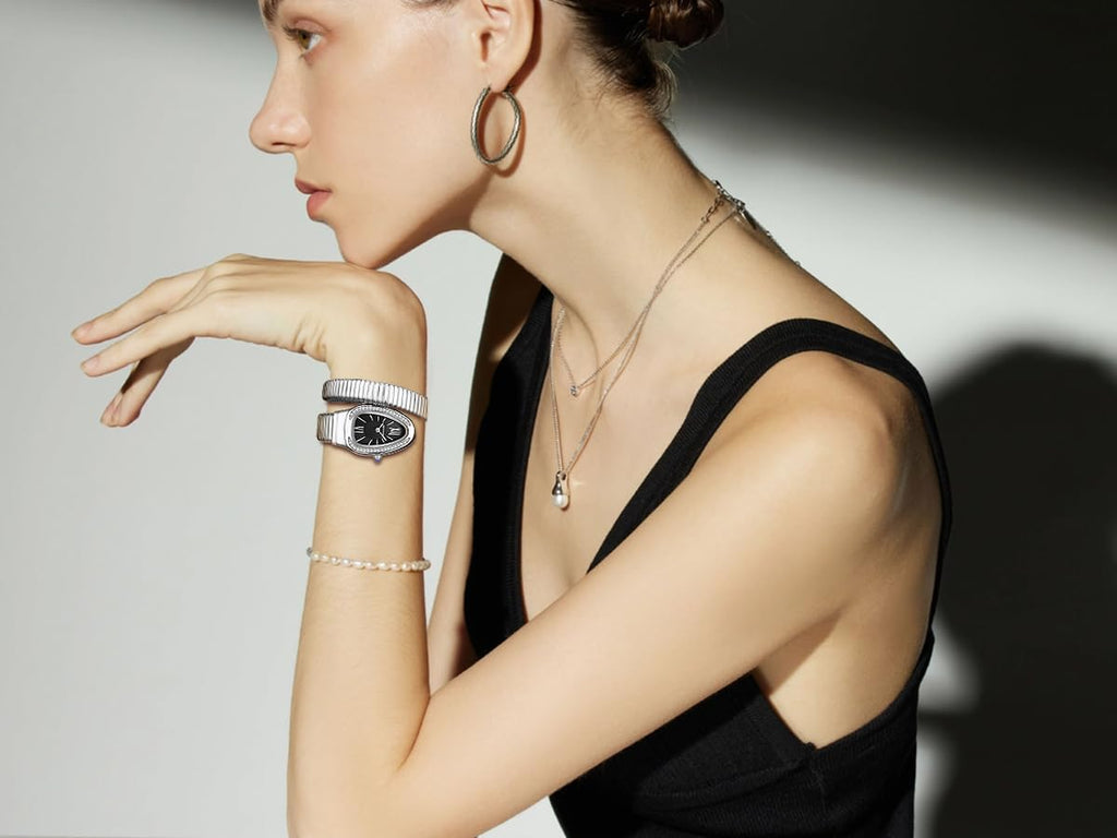 Gosasa Snake Bracelet Watch for Women, Elegant Wrap Around Bangle Wristwatch, Fashion Jewelry Style Quartz Watch, Adjustable Cuff Serpenti Watch for Dress & Gift