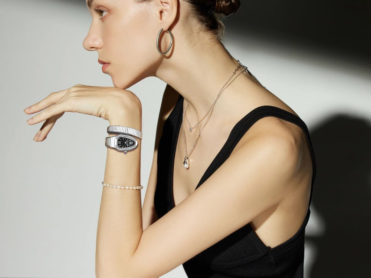 Gosasa Snake Bracelet Watch for Women, Elegant Wrap Around Bangle Wristwatch, Fashion Jewelry Style Quartz Watch, Adjustable Cuff Serpenti Watch for Dress & Gift