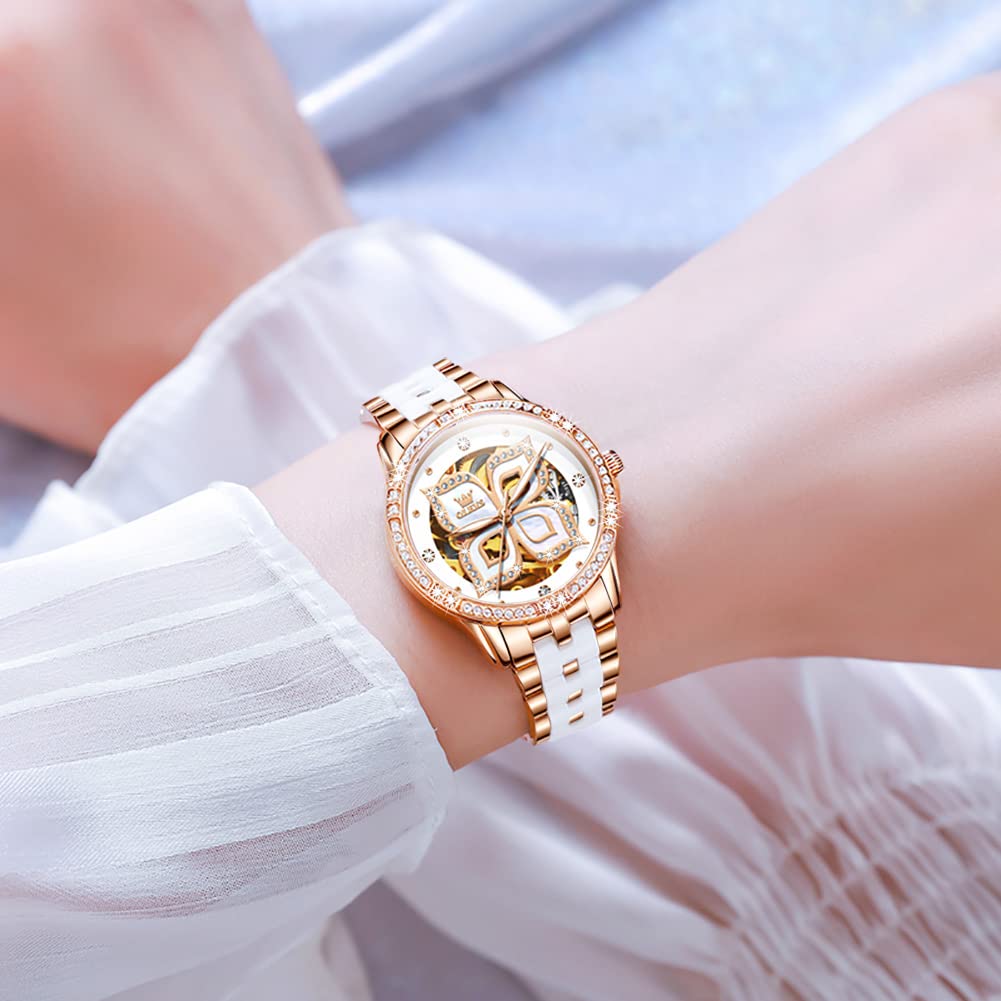 OLEVS Womens Automatic Watch, Premium Large Face Diamond Accented Self Winding Watches for Women, Fashion Waterproof Ladies Dress Watch, Two Tone Stainless Steel Ceramic Bracelet