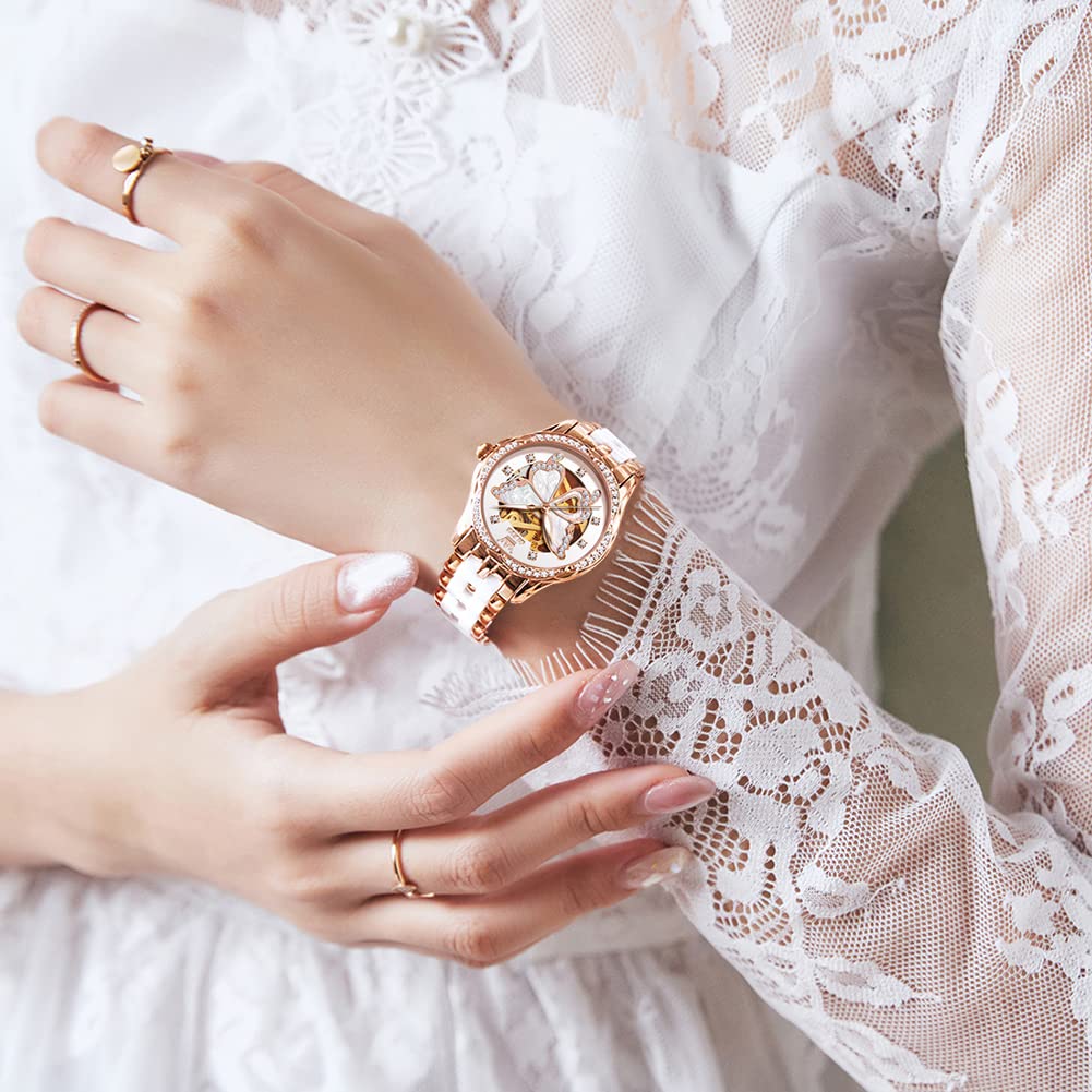 OLEVS Womens Automatic Watch, Premium Large Face Diamond Accented Self Winding Watches for Women, Fashion Waterproof Ladies Dress Watch, Two Tone Stainless Steel Ceramic Bracelet
