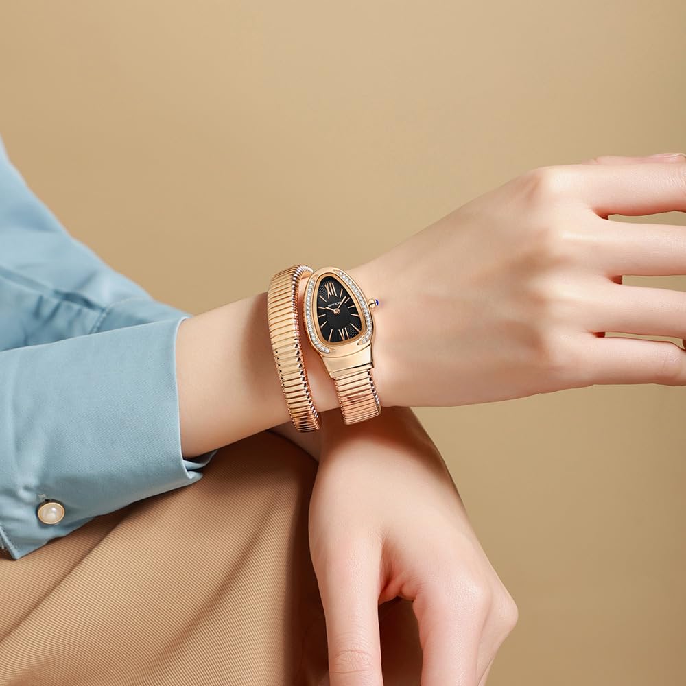 Gosasa Snake Bracelet Watch for Women, Elegant Wrap Around Bangle Wristwatch, Fashion Jewelry Style Quartz Watch, Adjustable Cuff Serpenti Watch for Dress & Gift