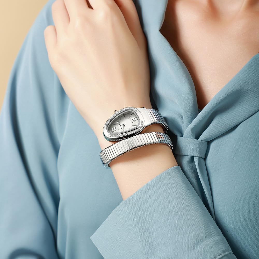 Gosasa Snake Bracelet Watch for Women, Elegant Wrap Around Bangle Wristwatch, Fashion Jewelry Style Quartz Watch, Adjustable Cuff Serpenti Watch for Dress & Gift