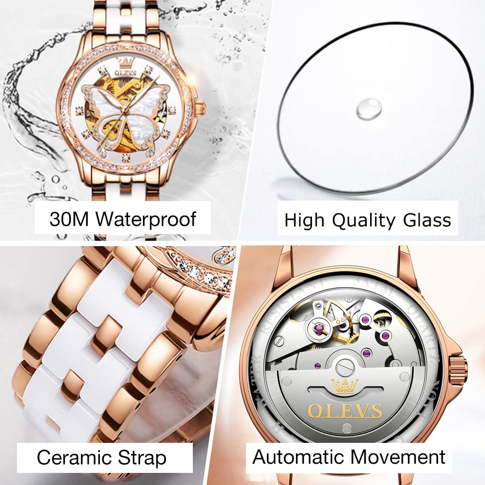 OLEVS Womens Automatic Watch, Premium Large Face Diamond Accented Self Winding Watches for Women, Fashion Waterproof Ladies Dress Watch, Two Tone Stainless Steel Ceramic Bracelet