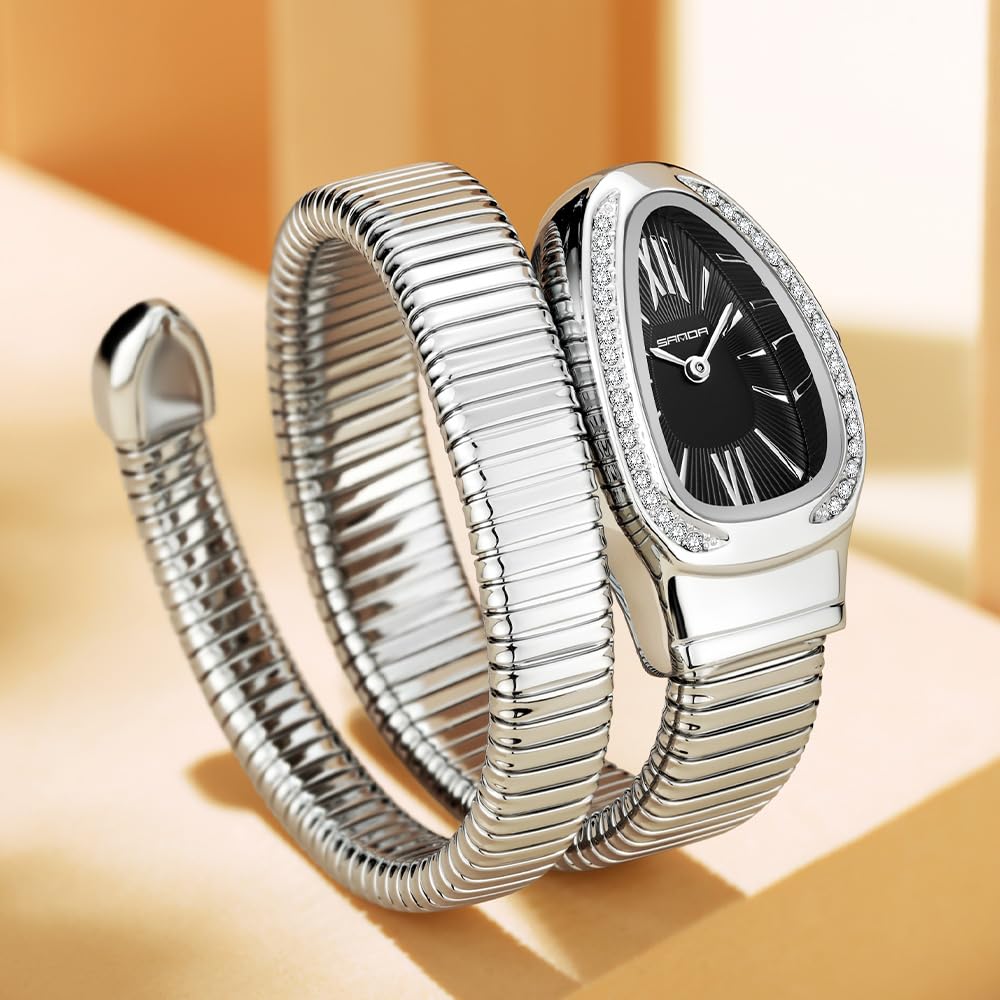 Gosasa Snake Bracelet Watch for Women, Elegant Wrap Around Bangle Wristwatch, Fashion Jewelry Style Quartz Watch, Adjustable Cuff Serpenti Watch for Dress & Gift