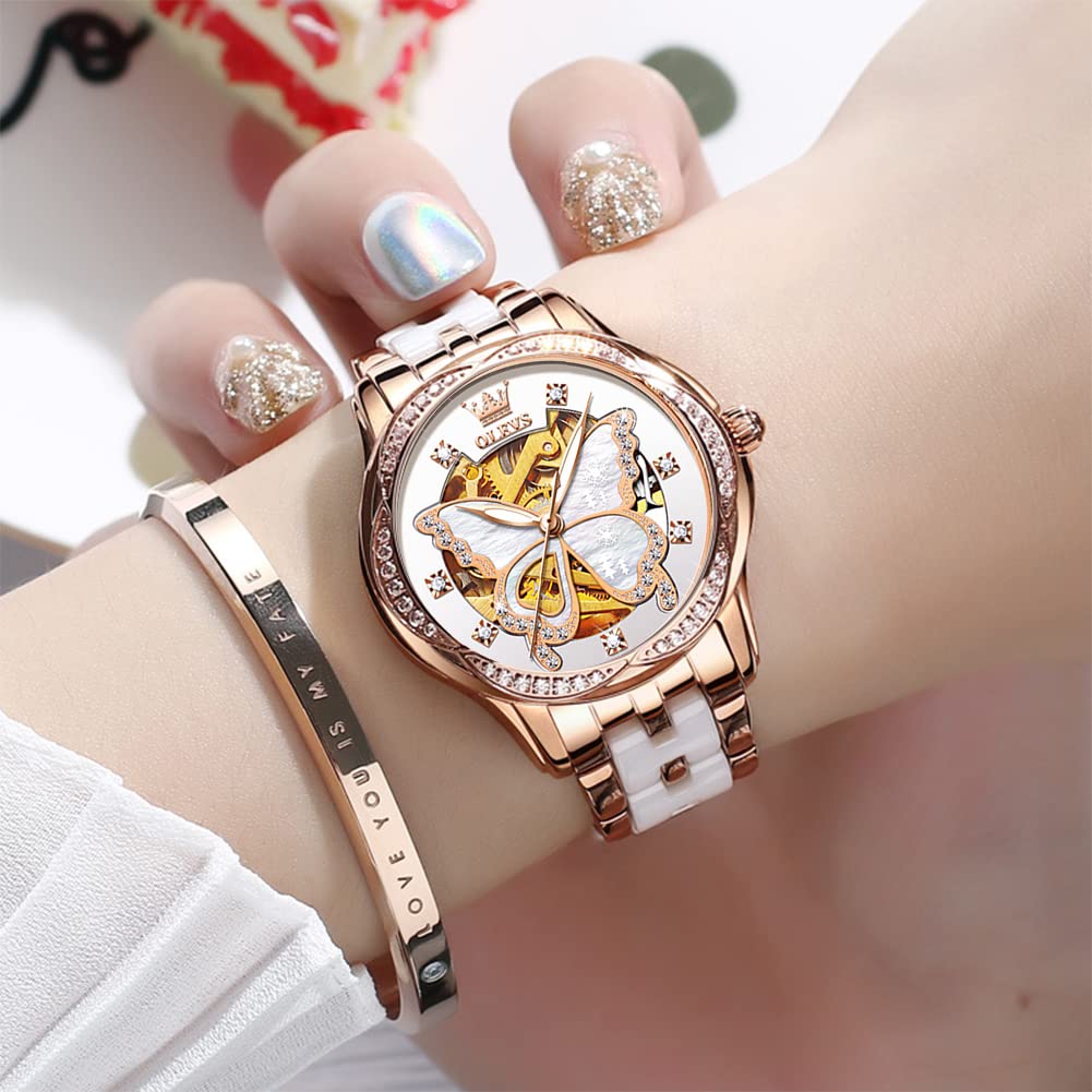 OLEVS Womens Automatic Watch, Premium Large Face Diamond Accented Self Winding Watches for Women, Fashion Waterproof Ladies Dress Watch, Two Tone Stainless Steel Ceramic Bracelet