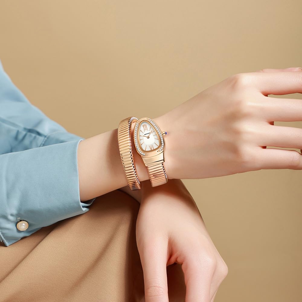 Gosasa Snake Bracelet Watch for Women, Elegant Wrap Around Bangle Wristwatch, Fashion Jewelry Style Quartz Watch, Adjustable Cuff Serpenti Watch for Dress & Gift