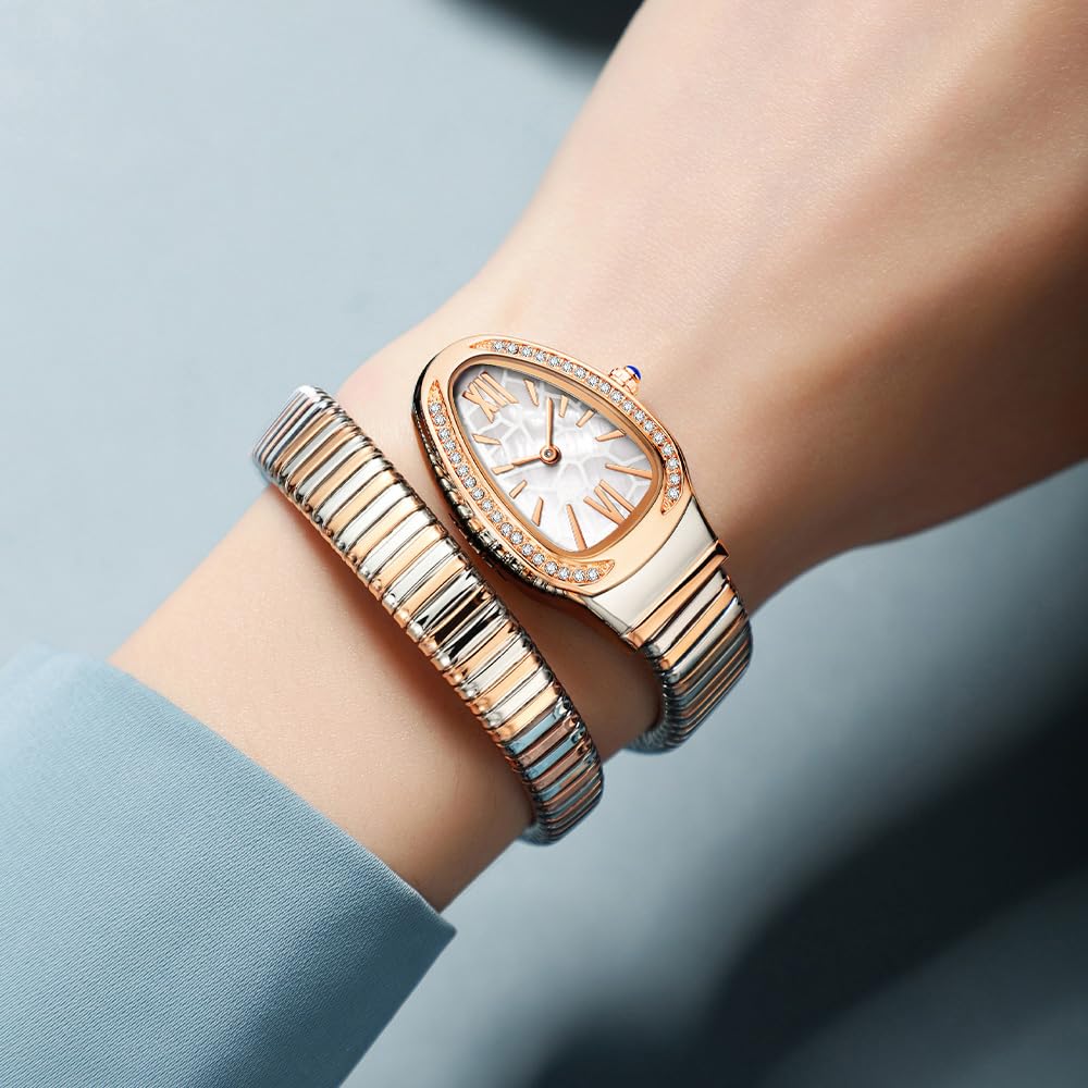 Gosasa Snake Bracelet Watch for Women, Elegant Wrap Around Bangle Wristwatch, Fashion Jewelry Style Quartz Watch, Adjustable Cuff Serpenti Watch for Dress & Gift