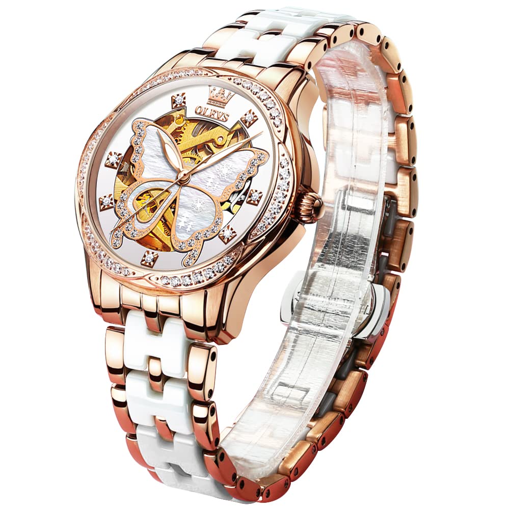OLEVS Womens Automatic Watch, Premium Large Face Diamond Accented Self Winding Watches for Women, Fashion Waterproof Ladies Dress Watch, Two Tone Stainless Steel Ceramic Bracelet