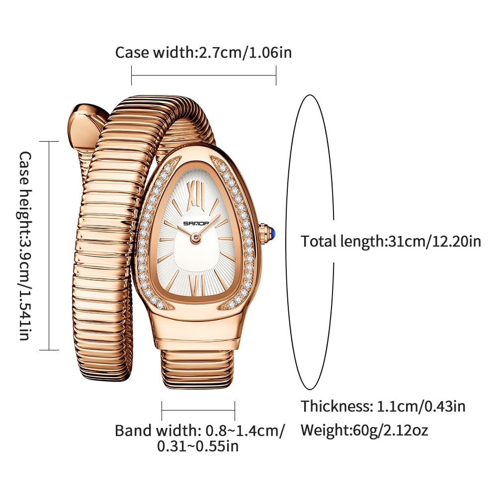 Gosasa Snake Bracelet Watch for Women, Elegant Wrap Around Bangle Wristwatch, Fashion Jewelry Style Quartz Watch, Adjustable Cuff Serpenti Watch for Dress & Gift