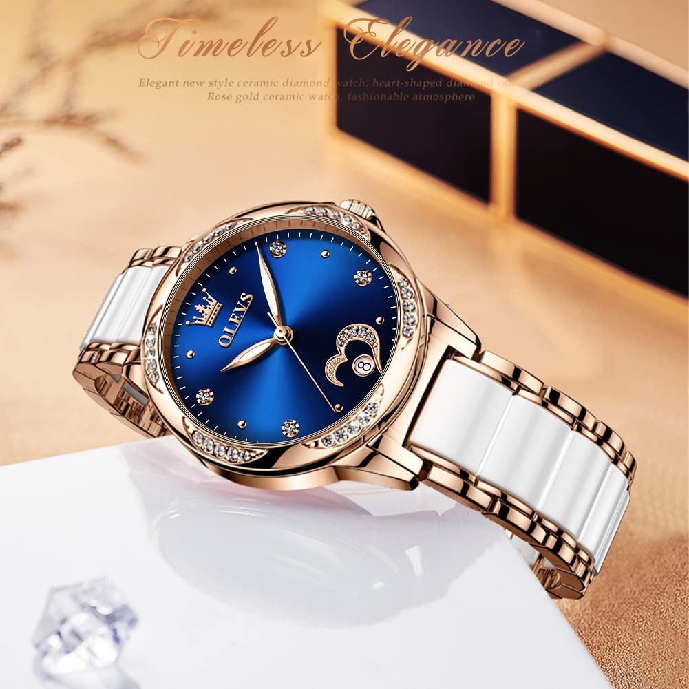 OLEVS Womens Automatic Watch, Premium Large Face Diamond Accented Self Winding Watches for Women, Fashion Waterproof Ladies Dress Watch, Two Tone Stainless Steel Ceramic Bracelet