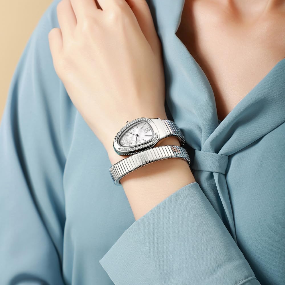 Gosasa Snake Bracelet Watch for Women, Elegant Wrap Around Bangle Wristwatch, Fashion Jewelry Style Quartz Watch, Adjustable Cuff Serpenti Watch for Dress & Gift