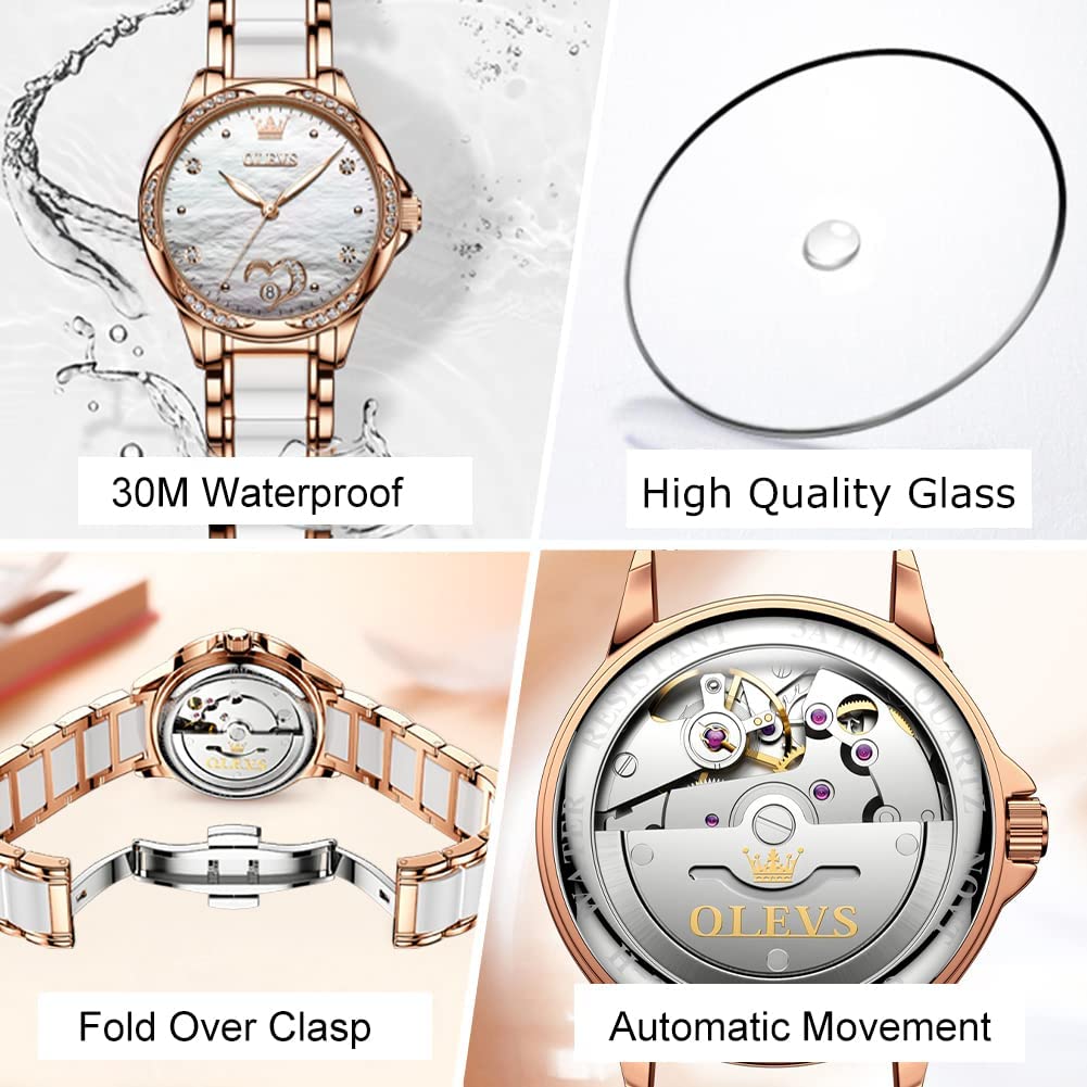 OLEVS Womens Automatic Watch, Premium Large Face Diamond Accented Self Winding Watches for Women, Fashion Waterproof Ladies Dress Watch, Two Tone Stainless Steel Ceramic Bracelet