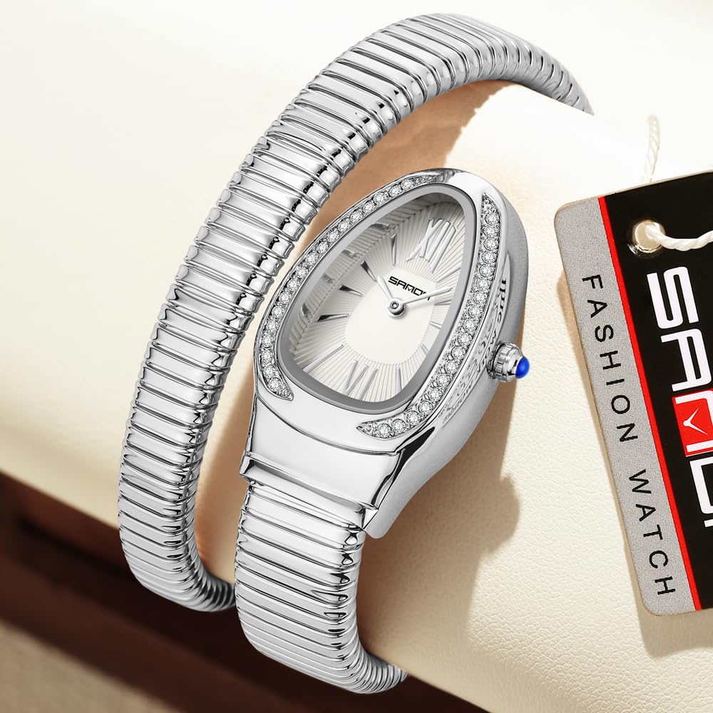 Gosasa Snake Bracelet Watch for Women, Elegant Wrap Around Bangle Wristwatch, Fashion Jewelry Style Quartz Watch, Adjustable Cuff Serpenti Watch for Dress & Gift
