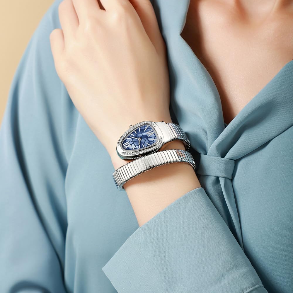 Gosasa Snake Bracelet Watch for Women, Elegant Wrap Around Bangle Wristwatch, Fashion Jewelry Style Quartz Watch, Adjustable Cuff Serpenti Watch for Dress & Gift