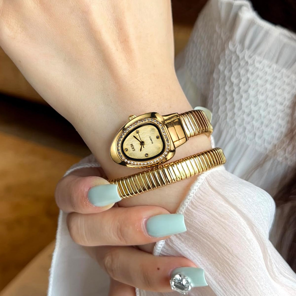 Gosasa Snake Bracelet Watch for Women, Elegant Wrap Around Bangle Wristwatch, Fashion Jewelry Style Quartz Watch, Adjustable Cuff Serpenti Watch for Dress & Gift