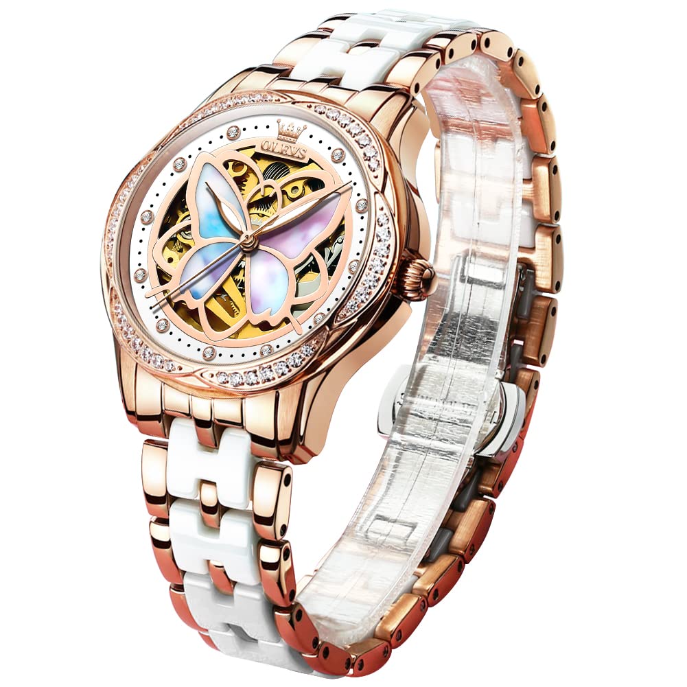 OLEVS Womens Automatic Watch, Premium Large Face Diamond Accented Self Winding Watches for Women, Fashion Waterproof Ladies Dress Watch, Two Tone Stainless Steel Ceramic Bracelet