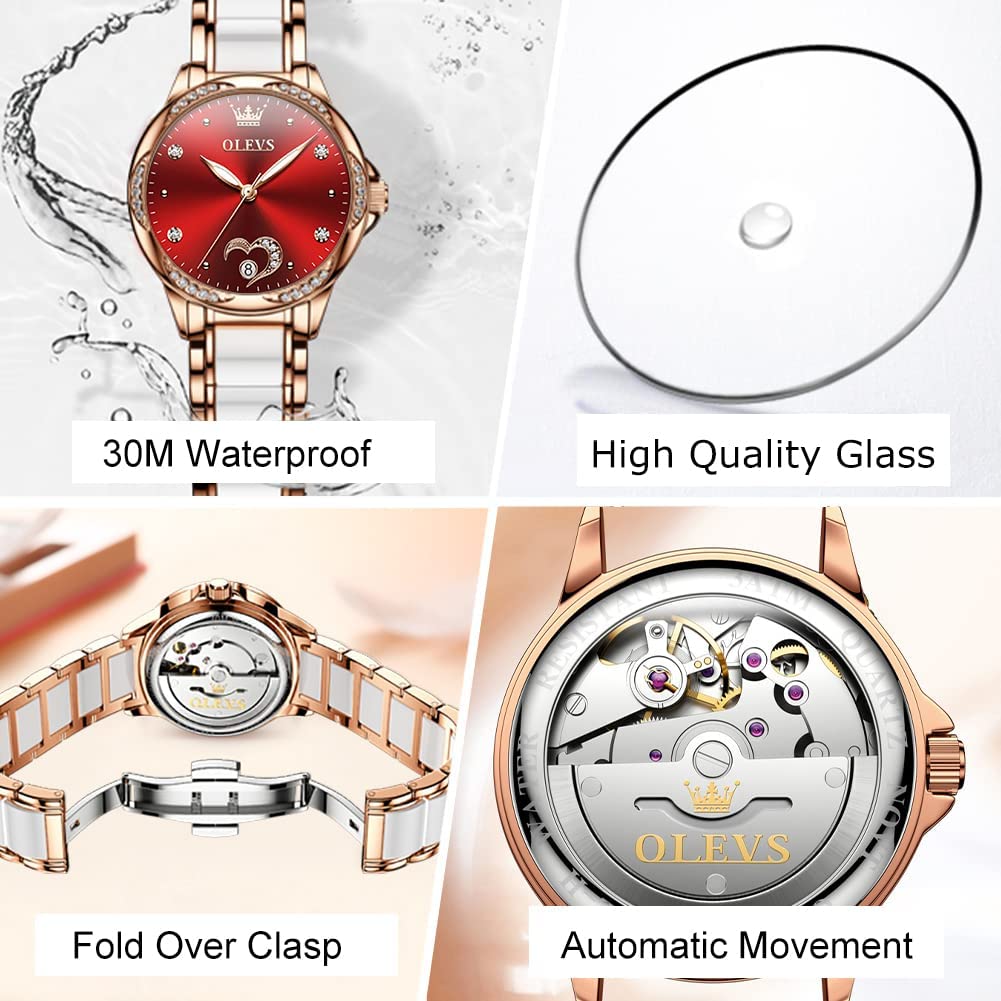 OLEVS Womens Automatic Watch, Premium Large Face Diamond Accented Self Winding Watches for Women, Fashion Waterproof Ladies Dress Watch, Two Tone Stainless Steel Ceramic Bracelet