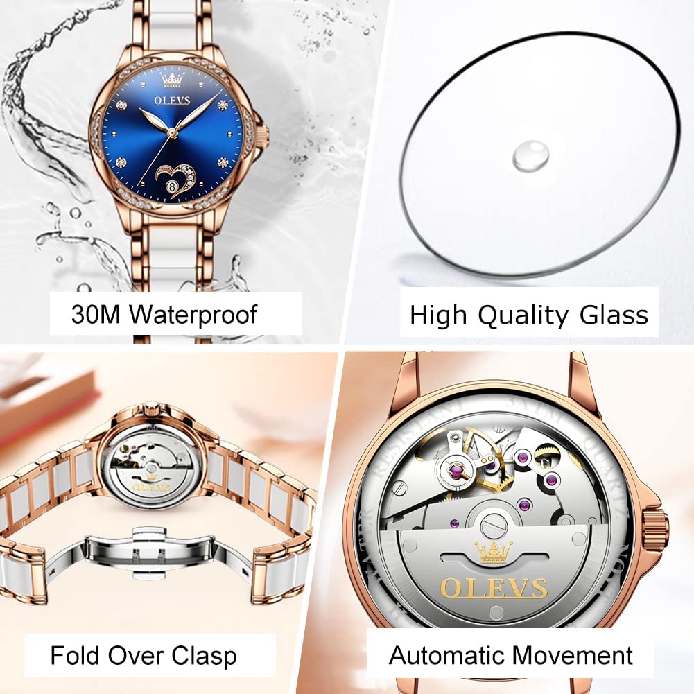 OLEVS Womens Automatic Watch, Premium Large Face Diamond Accented Self Winding Watches for Women, Fashion Waterproof Ladies Dress Watch, Two Tone Stainless Steel Ceramic Bracelet