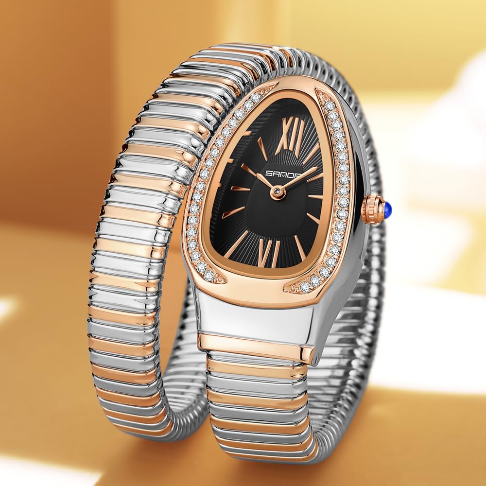 Gosasa Snake Bracelet Watch for Women, Elegant Wrap Around Bangle Wristwatch, Fashion Jewelry Style Quartz Watch, Adjustable Cuff Serpenti Watch for Dress & Gift