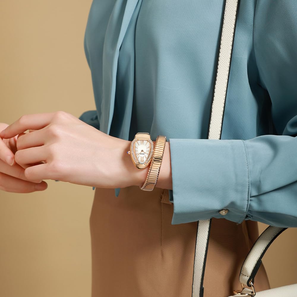Gosasa Snake Bracelet Watch for Women, Elegant Wrap Around Bangle Wristwatch, Fashion Jewelry Style Quartz Watch, Adjustable Cuff Serpenti Watch for Dress & Gift