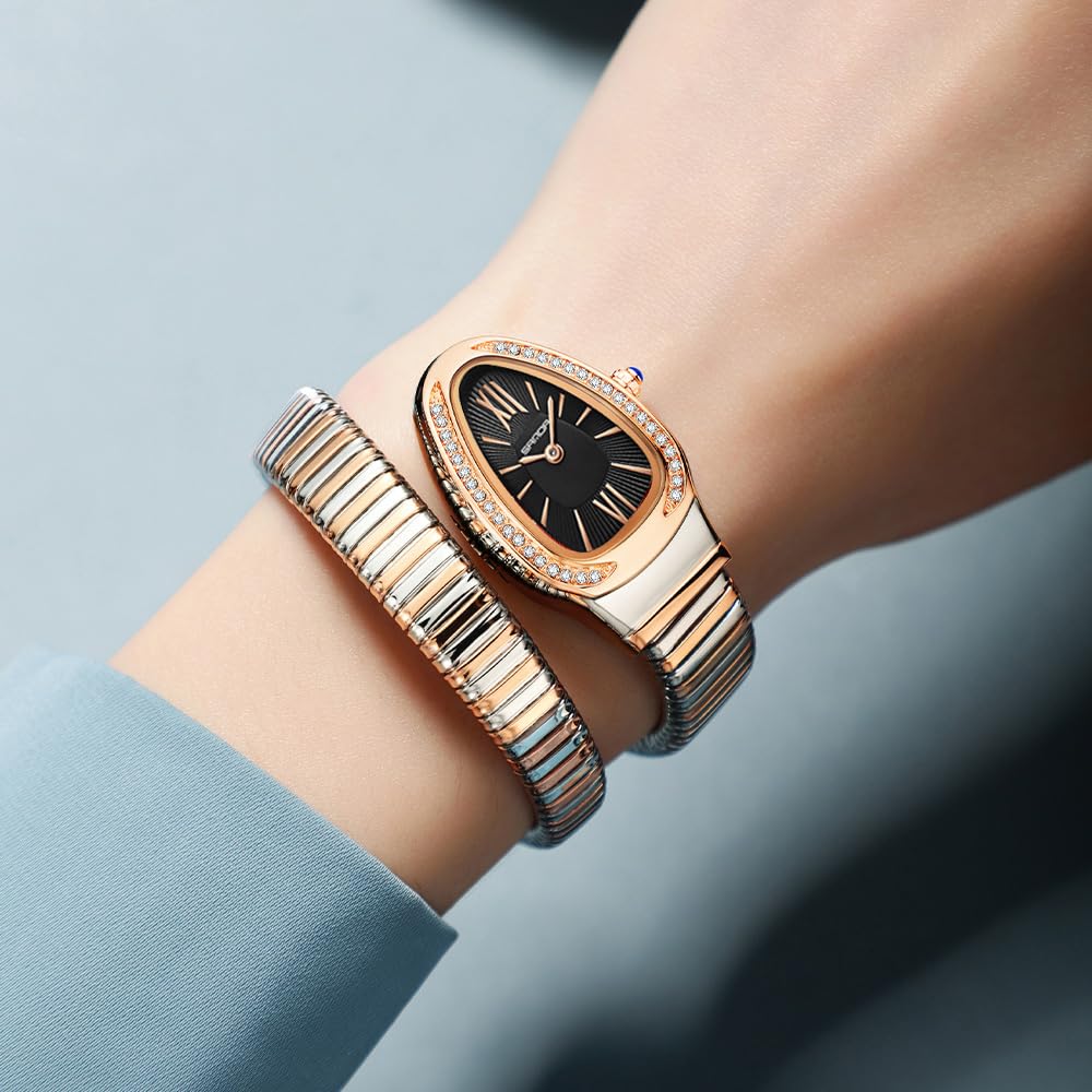 Gosasa Snake Bracelet Watch for Women, Elegant Wrap Around Bangle Wristwatch, Fashion Jewelry Style Quartz Watch, Adjustable Cuff Serpenti Watch for Dress & Gift