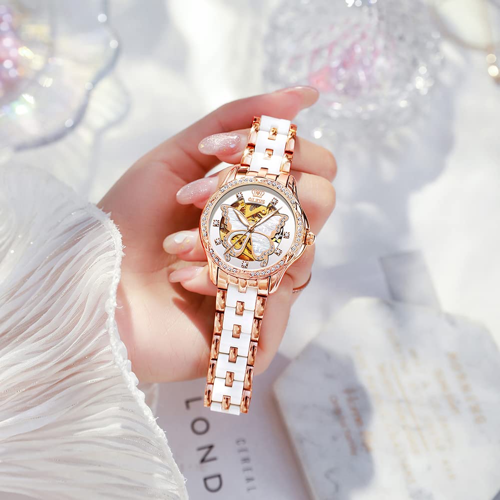 OLEVS Womens Automatic Watch, Premium Large Face Diamond Accented Self Winding Watches for Women, Fashion Waterproof Ladies Dress Watch, Two Tone Stainless Steel Ceramic Bracelet