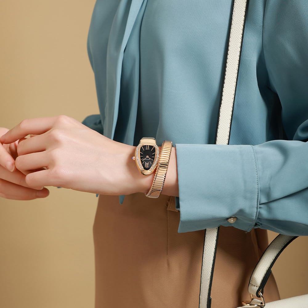 Gosasa Snake Bracelet Watch for Women, Elegant Wrap Around Bangle Wristwatch, Fashion Jewelry Style Quartz Watch, Adjustable Cuff Serpenti Watch for Dress & Gift