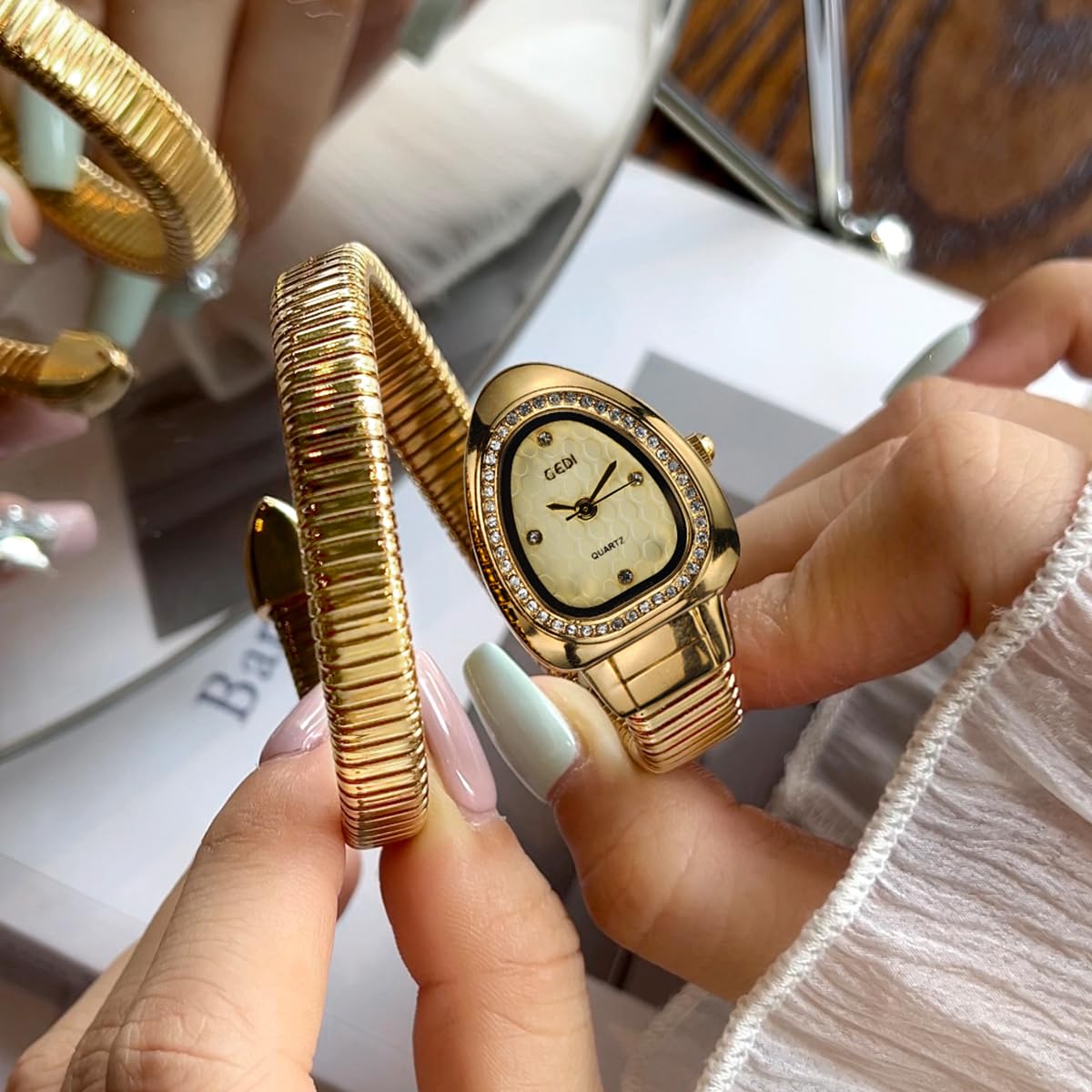 Gosasa Snake Bracelet Watch for Women, Elegant Wrap Around Bangle Wristwatch, Fashion Jewelry Style Quartz Watch, Adjustable Cuff Serpenti Watch for Dress & Gift