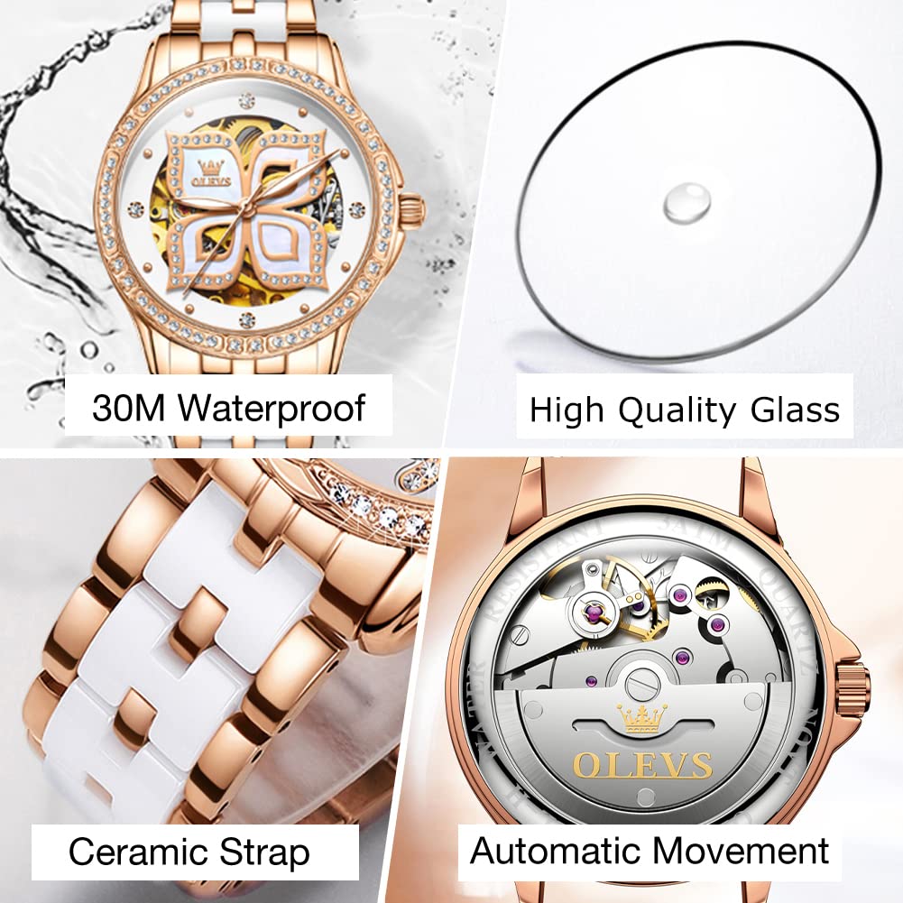 OLEVS Womens Automatic Watch, Premium Large Face Diamond Accented Self Winding Watches for Women, Fashion Waterproof Ladies Dress Watch, Two Tone Stainless Steel Ceramic Bracelet