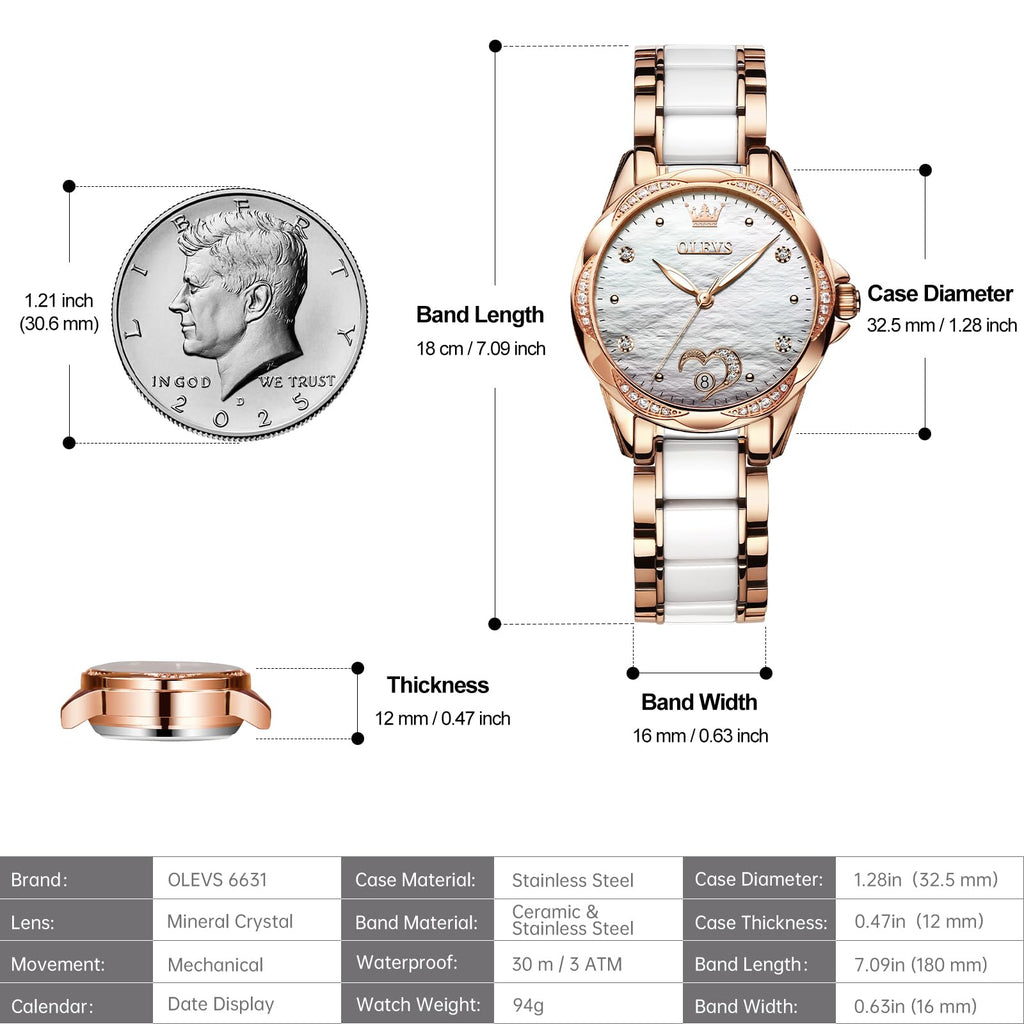 OLEVS Womens Automatic Watch, Premium Large Face Diamond Accented Self Winding Watches for Women, Fashion Waterproof Ladies Dress Watch, Two Tone Stainless Steel Ceramic Bracelet