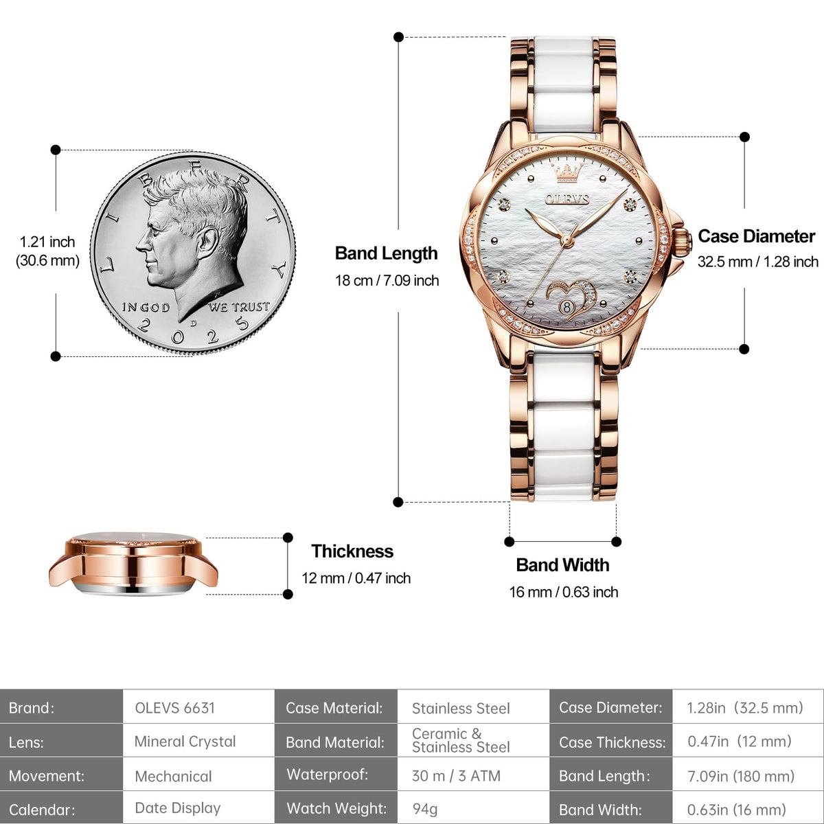 OLEVS Womens Automatic Watch, Premium Large Face Diamond Accented Self Winding Watches for Women, Fashion Waterproof Ladies Dress Watch, Two Tone Stainless Steel Ceramic Bracelet