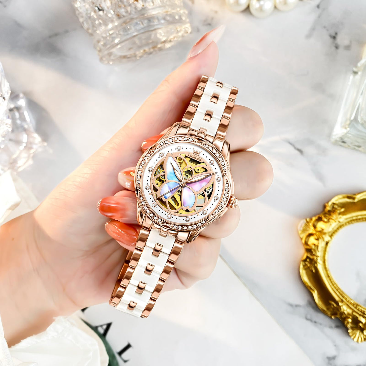 OLEVS Womens Automatic Watch, Premium Large Face Diamond Accented Self Winding Watches for Women, Fashion Waterproof Ladies Dress Watch, Two Tone Stainless Steel Ceramic Bracelet