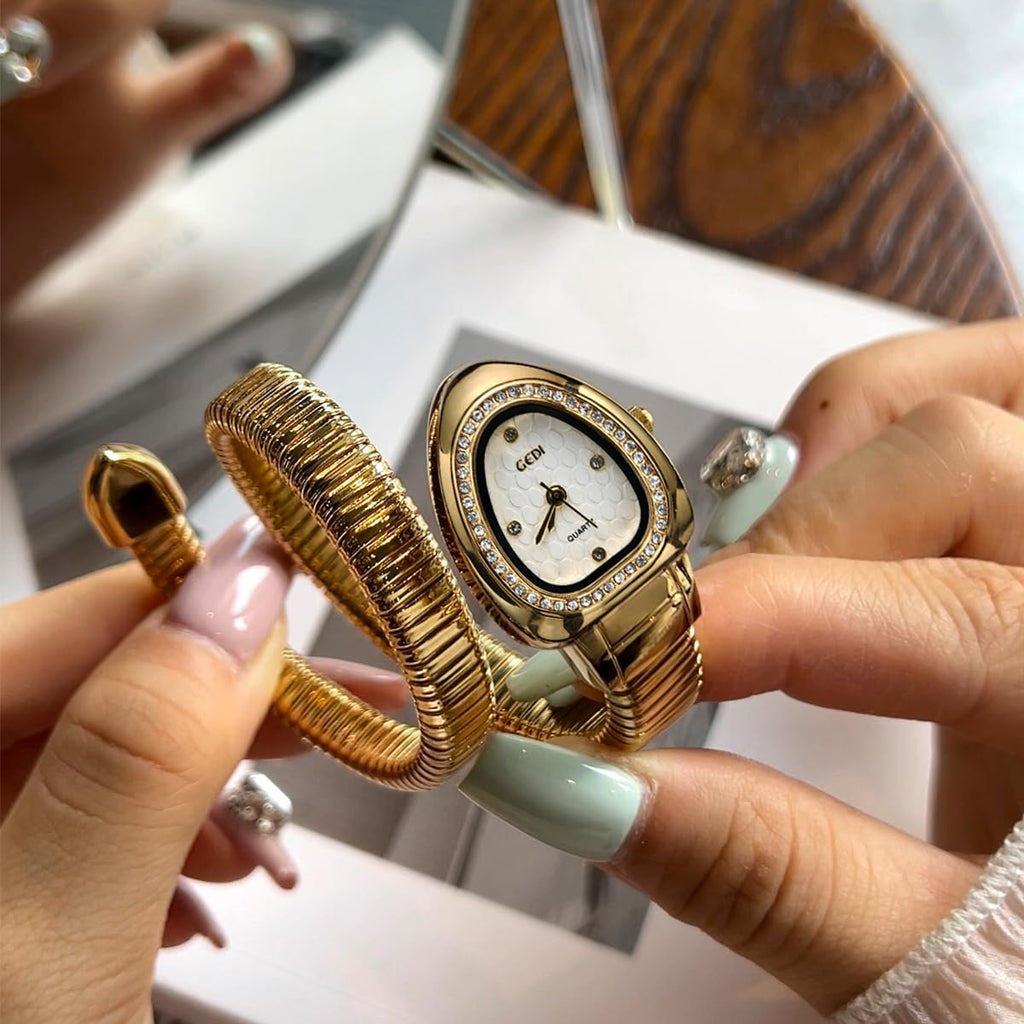 Gosasa Snake Bracelet Watch for Women, Elegant Wrap Around Bangle Wristwatch, Fashion Jewelry Style Quartz Watch, Adjustable Cuff Serpenti Watch for Dress & Gift