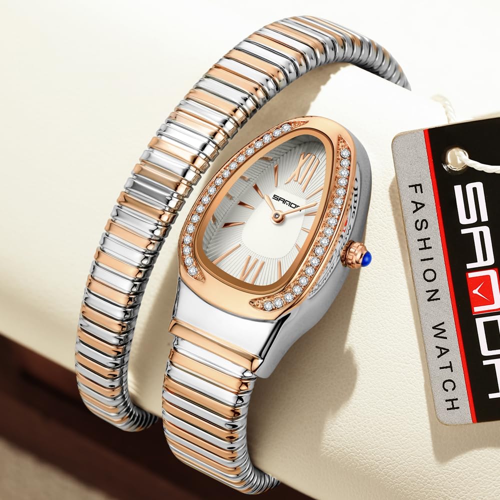 Gosasa Snake Bracelet Watch for Women, Elegant Wrap Around Bangle Wristwatch, Fashion Jewelry Style Quartz Watch, Adjustable Cuff Serpenti Watch for Dress & Gift