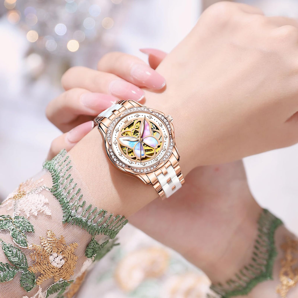 OLEVS Womens Automatic Watch, Premium Large Face Diamond Accented Self Winding Watches for Women, Fashion Waterproof Ladies Dress Watch, Two Tone Stainless Steel Ceramic Bracelet
