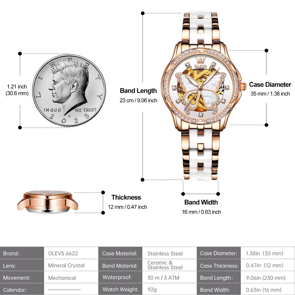 OLEVS Womens Automatic Watch, Premium Large Face Diamond Accented Self Winding Watches for Women, Fashion Waterproof Ladies Dress Watch, Two Tone Stainless Steel Ceramic Bracelet