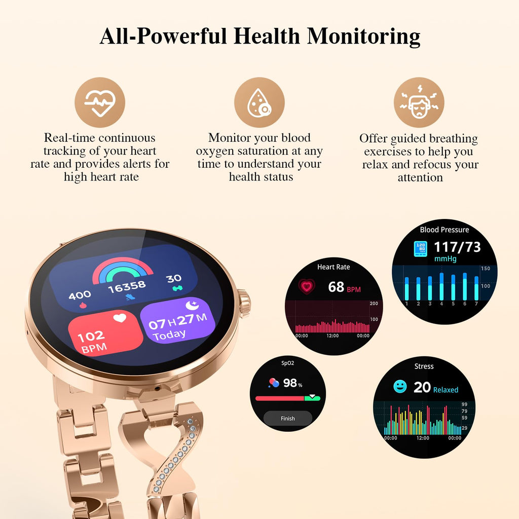 Smart Watches for Women, Answer/Make Call, 1.04'' AMOLED, 24H Sleep Tracker, Fitness Tracker with Heart Rate/Blood Pressure/SpO2/Stress Monitor, 100+ Sport Modes Waterproof Smartwatch for IOS Android