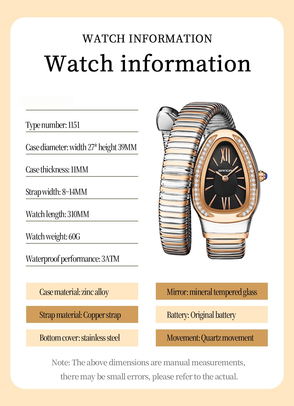 Gosasa Snake Bracelet Watch for Women, Elegant Wrap Around Bangle Wristwatch, Fashion Jewelry Style Quartz Watch, Adjustable Cuff Serpenti Watch for Dress & Gift