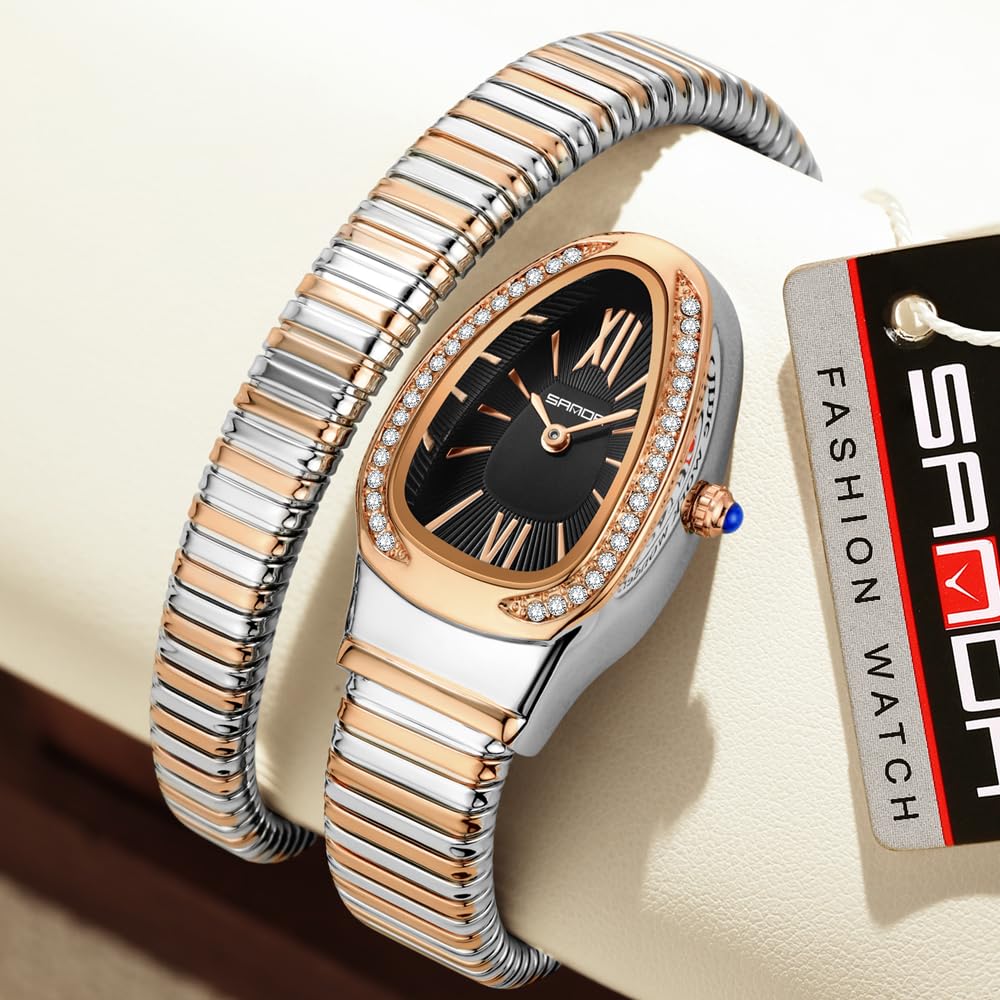 Gosasa Snake Bracelet Watch for Women, Elegant Wrap Around Bangle Wristwatch, Fashion Jewelry Style Quartz Watch, Adjustable Cuff Serpenti Watch for Dress & Gift