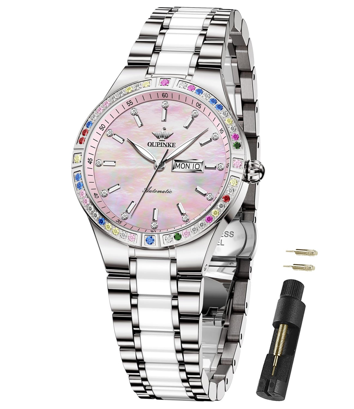 OLEVS Womens Watch Fashion Dress Diamond Female Watches for Ladies Analog Quartz Stainless Steel Waterproof Luminous Day Date Two Tone Wristwatch