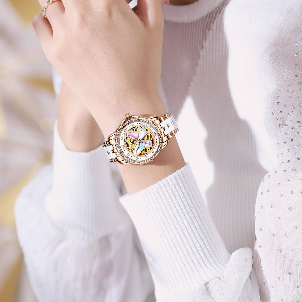 OLEVS Womens Automatic Watch, Premium Large Face Diamond Accented Self Winding Watches for Women, Fashion Waterproof Ladies Dress Watch, Two Tone Stainless Steel Ceramic Bracelet