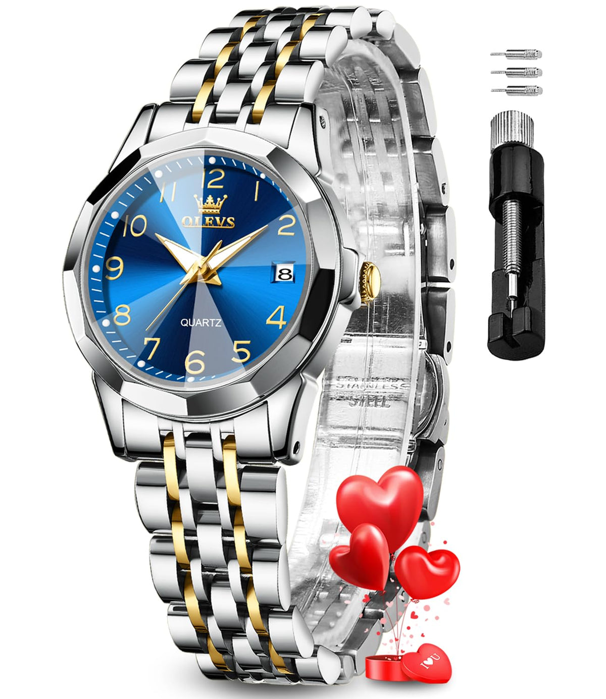 OLEVS Womens Watch Fashion Dress Diamond Female Watches for Ladies Analog Quartz Stainless Steel Waterproof Luminous Day Date Two Tone Wristwatch