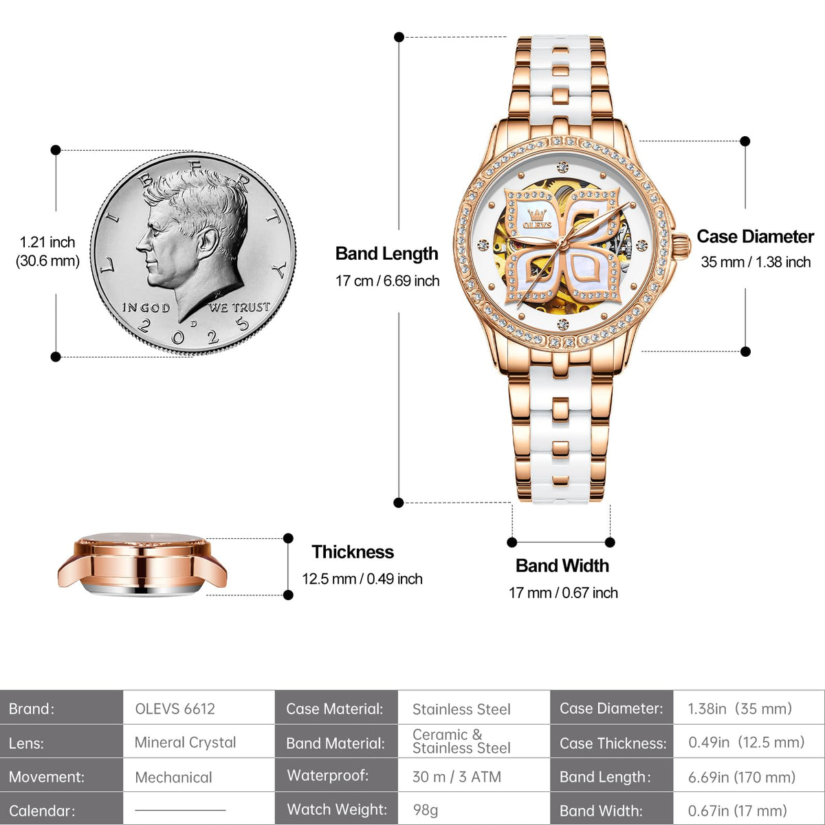 OLEVS Womens Automatic Watch, Premium Large Face Diamond Accented Self Winding Watches for Women, Fashion Waterproof Ladies Dress Watch, Two Tone Stainless Steel Ceramic Bracelet