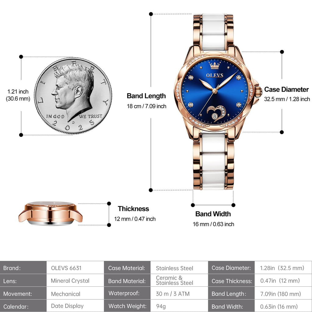 OLEVS Womens Automatic Watch, Premium Large Face Diamond Accented Self Winding Watches for Women, Fashion Waterproof Ladies Dress Watch, Two Tone Stainless Steel Ceramic Bracelet
