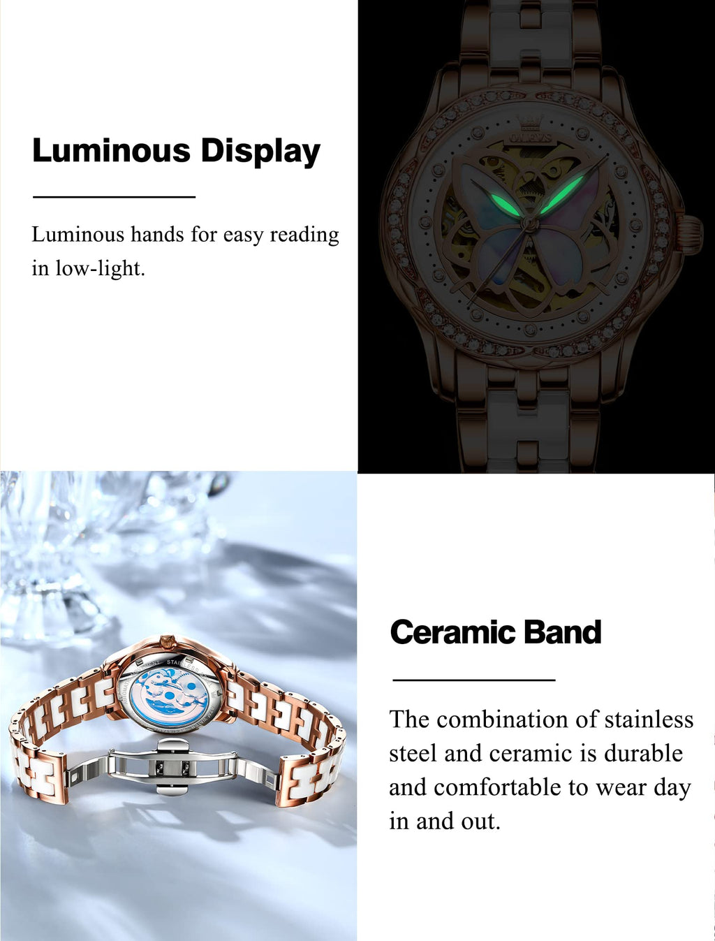 OLEVS Womens Automatic Watch, Premium Large Face Diamond Accented Self Winding Watches for Women, Fashion Waterproof Ladies Dress Watch, Two Tone Stainless Steel Ceramic Bracelet