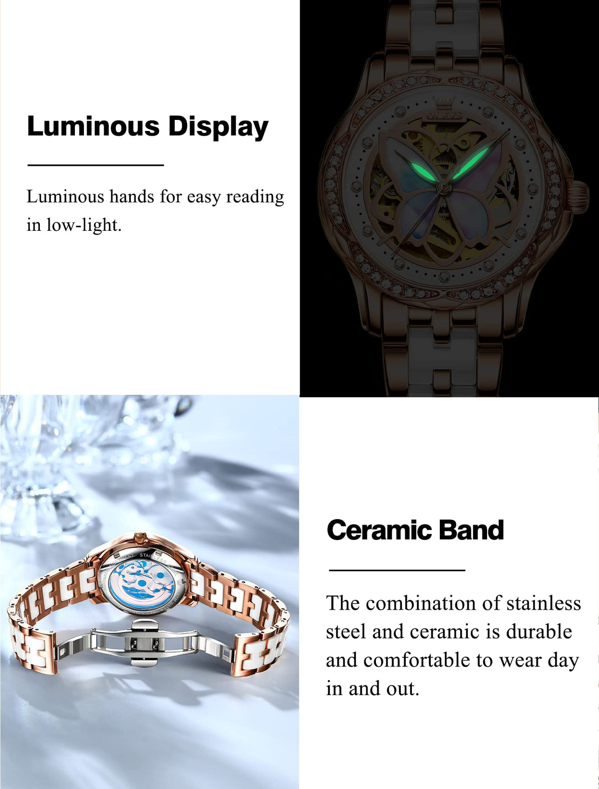OLEVS Womens Automatic Watch, Premium Large Face Diamond Accented Self Winding Watches for Women, Fashion Waterproof Ladies Dress Watch, Two Tone Stainless Steel Ceramic Bracelet