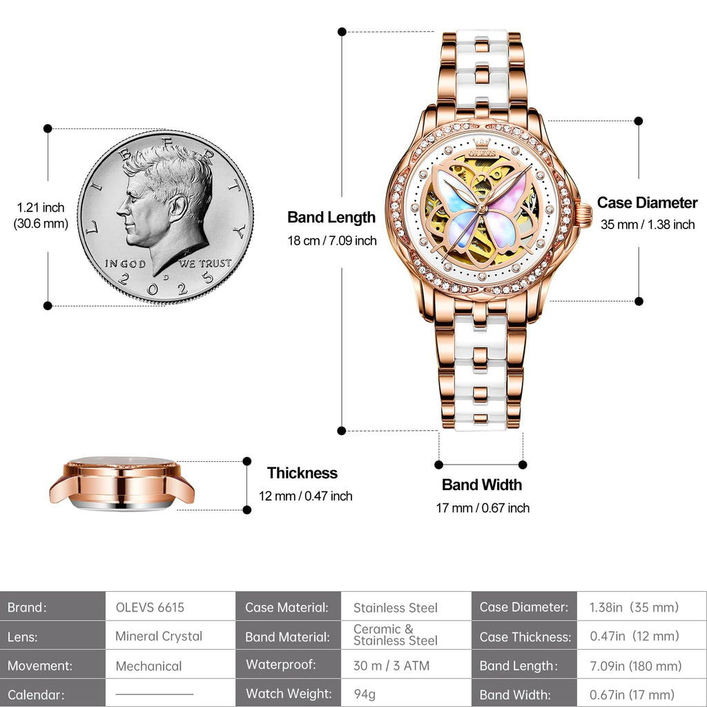 OLEVS Womens Automatic Watch, Premium Large Face Diamond Accented Self Winding Watches for Women, Fashion Waterproof Ladies Dress Watch, Two Tone Stainless Steel Ceramic Bracelet