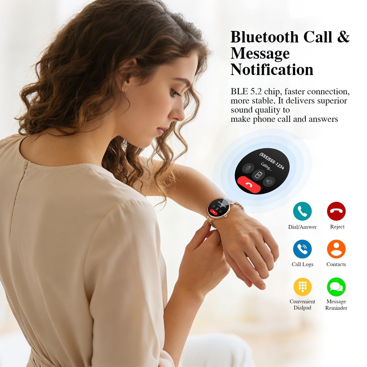 Smart Watches for Women, Answer/Make Call, 1.04'' AMOLED, 24H Sleep Tracker, Fitness Tracker with Heart Rate/Blood Pressure/SpO2/Stress Monitor, 100+ Sport Modes Waterproof Smartwatch for IOS Android